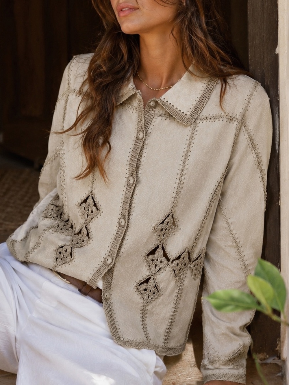 Carducci Vintage Suede Crochet Patchwork Button Down Shacket Tan M